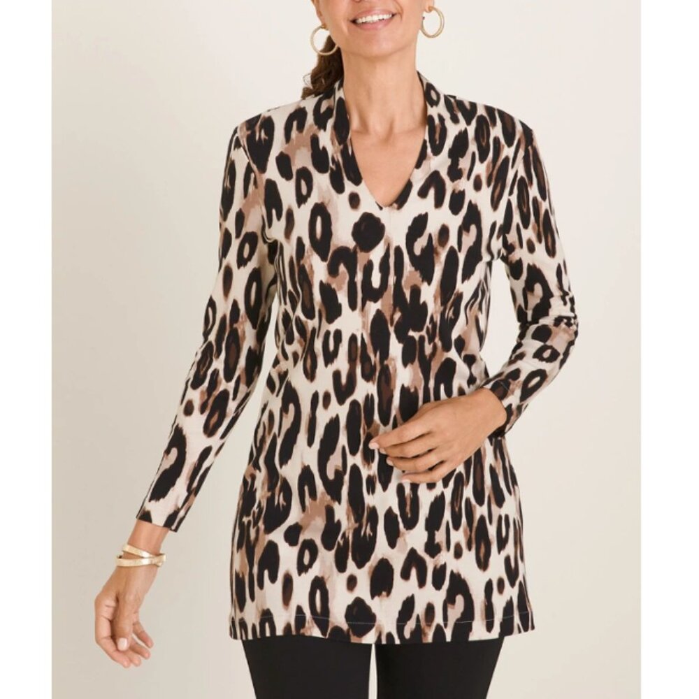 NWT CHICO'S Soft Knit Polished Animal-Print Tunic Brown/Beige Size 2P (LP)
